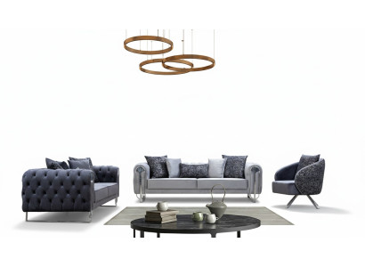 Muebles de salón modernos y cómodos: dos sofás triples y un sillón de una plaza.