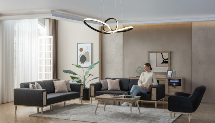 Moderno conjunto de muebles de sala de estar de alta calidad en gris, nuevo.