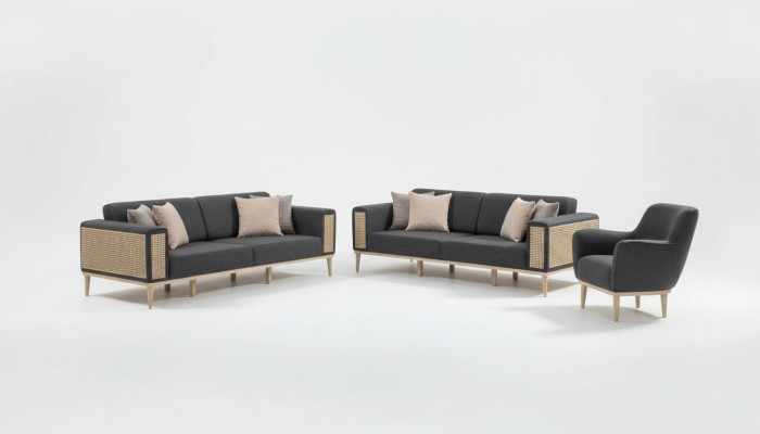 Moderno conjunto de muebles de sala de estar de alta calidad en gris, nuevo.