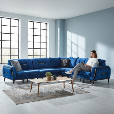 Sofá de esquina azul en forma de L, diseñador, tapizado en tela, mueble de estar.