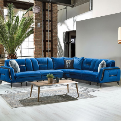 Sofá de esquina azul en forma de L, diseñador, tapizado en tela, mueble de estar.
