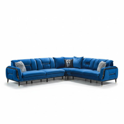 Sofá de esquina azul en forma de L, diseñador, tapizado en tela, mueble de estar.