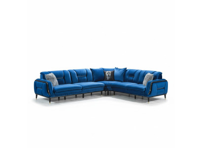 Sofá de esquina azul en forma de L, diseñador, tapizado en tela, mueble de estar.