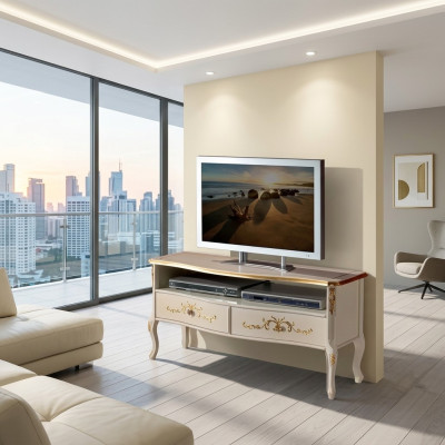 Clásico armario RTV blanco de madera, diseño de consola de muebles de salón.