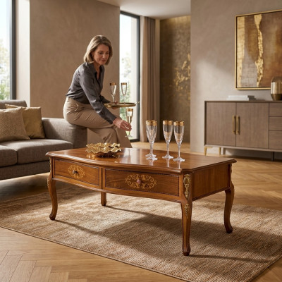 Mesa de centro de madera marrón clásica con diseño de lujo y cajones, nueva.