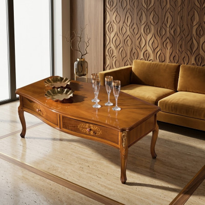 Mesa de centro de madera marrón clásica con diseño de lujo y cajones, nueva.