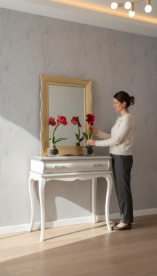 Mesa de consola de diseñador blanco. Mesa de madera clásica. Muebles de dormitorio.