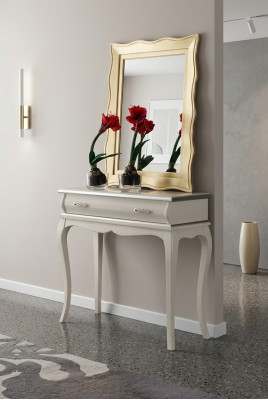 Mesa de consola de diseñador blanco. Mesa de madera clásica. Muebles de dormitorio.
