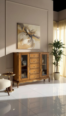 Vitrina de madera marrón exclusiva con cajones en estilo de muebles clásico.