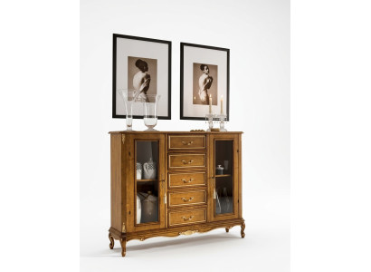 Vitrina de madera marrón exclusiva con cajones en estilo de muebles clásico.