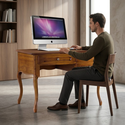 Escritorio clásico de madera marrón para la oficina en casa con cajones.