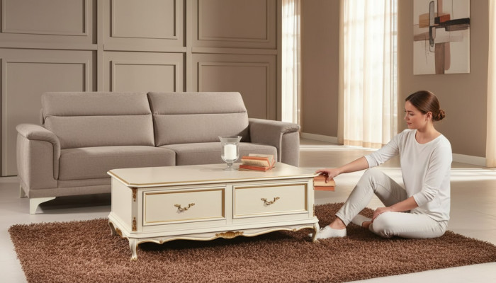 Mesa de centro de lujo blanca design para sala de estar, mesa de madera clásica.