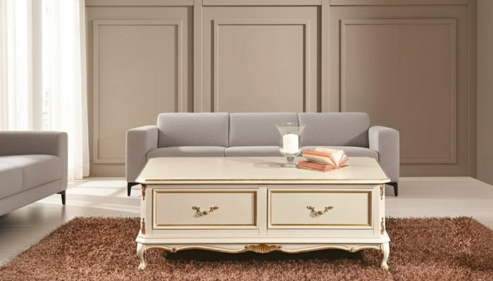 Mesa de centro de lujo blanca design para sala de estar, mesa de madera clásica.
