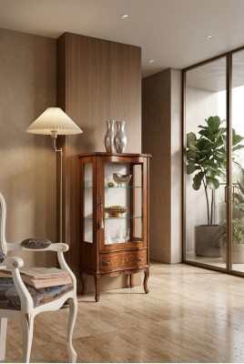 Vitrina clásica de madera y vidrio, mueble de vitrina de vidrio de lujo para la sala de estar diseñado por un diseñador.