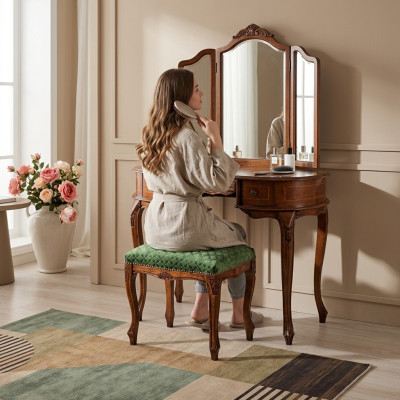 Clásica taburete de madera con tela taburete auxiliar decoración de dormitorio
