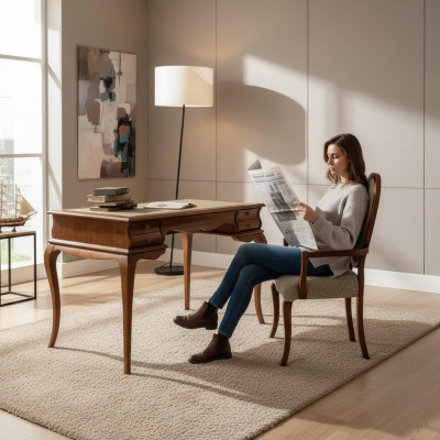 Elegante conjunto de escritorio, silla marrón, muebles de alta calidad.