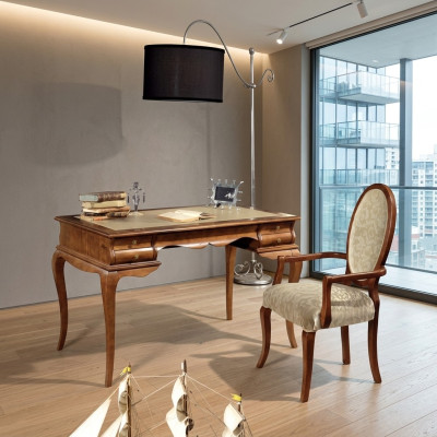 Elegante conjunto de escritorio, silla marrón, muebles de alta calidad.