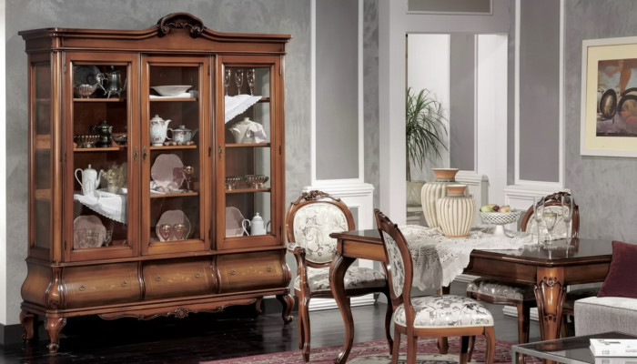 Conjunto clásico de comedor de madera, mesa de comedor, 4 sillas, vitrina de 6 piezas.