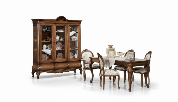Conjunto clásico de comedor de madera, mesa de comedor, 4 sillas, vitrina de 6 piezas.