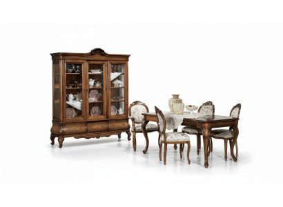 Conjunto clásico de comedor de madera, mesa de comedor, 4 sillas, vitrina de 6 piezas.