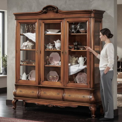 Vitrina de sala de estar, muebles clásicos de madera con cajones a medida, vitrina.