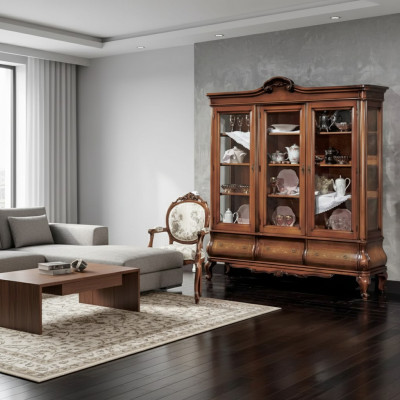 Vitrina de sala de estar, muebles clásicos de madera con cajones a medida, vitrina.