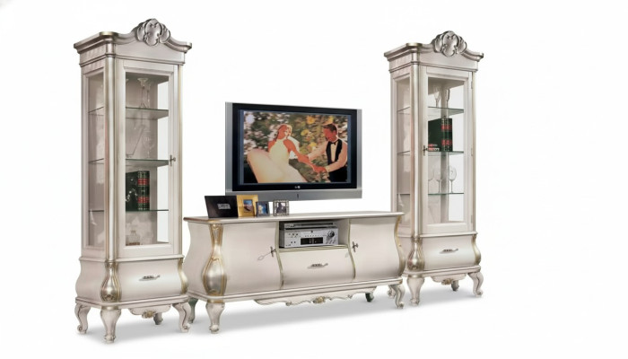 Clásica pared de salón blanca con 2 vitrinas y soporte para TV, elegante conjunto de muebles de 3 piezas.