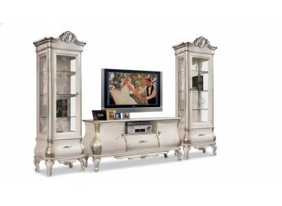 Clásica pared de salón blanca con 2 vitrinas y soporte para TV, elegante conjunto de muebles de 3 piezas.