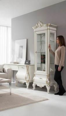 Lujo armario de madera con vidrio Muebles blancos clásicos Armario vitrinas