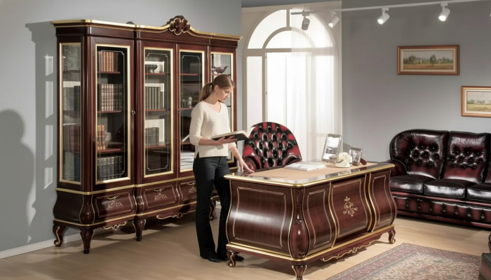 Clásico mobiliario de oficina, escritorio, estantería, 4 piezas, muebles de madera.