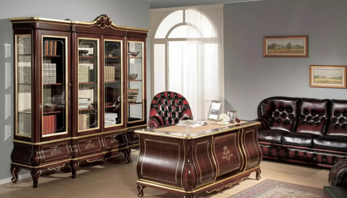 Clásico mobiliario de oficina, escritorio, estantería, 4 piezas, muebles de madera.
