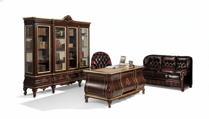 Clásico mobiliario de oficina, escritorio, estantería, 4 piezas, muebles de madera.