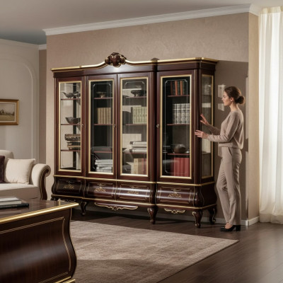 Clásica estantería marrón de libros con cajones, puertas de cristal, muebles de madera maciza.