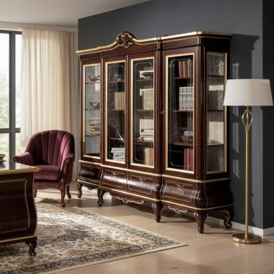 Clásica estantería marrón de libros con cajones, puertas de cristal, muebles de madera maciza.