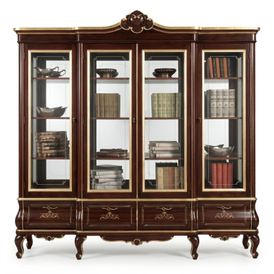 Clásica estantería marrón de libros con cajones, puertas de cristal, muebles de madera maciza.