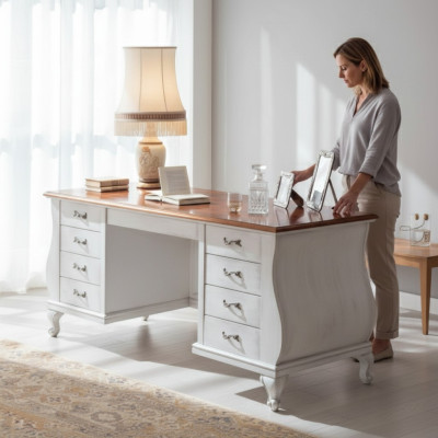 Escritorio blanco clásico, muebles de oficina de mesa de escritorio 180x80