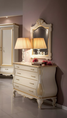 Cómoda de lujo Espejo Clásico Blanco Muebles de dormitorio Armarios Cómodas