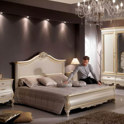 Cama doble de madera diseño de lujo muebles de dormitorio Clásico Beige