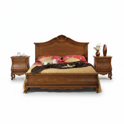 Cama doble de madera en estilo clásico. Diseño de dormitorio de lujo. Camas.