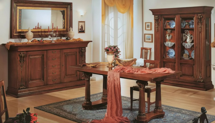 Juego de comedor Mesa de comedor Cómoda Vitrina Espejo Muebles clásicos de lujo