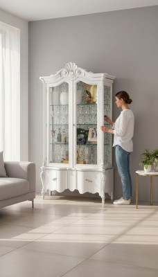 Lujosa vitrina de madera blanca con diseño clásico de mueble.