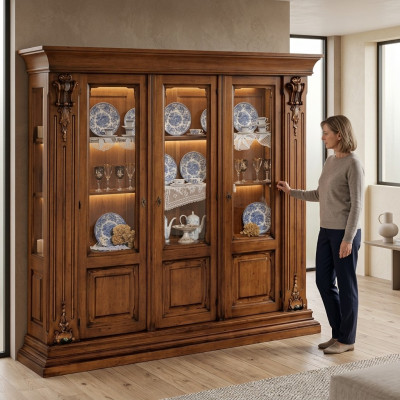 Vitrina de cristal Armario de madera Credenza clásica Muebles Estantes Armario de madera maciza