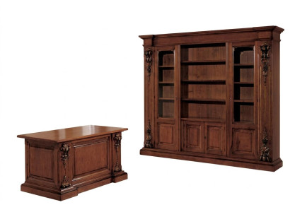 Conjunto clásico de oficina marrón: escritorio de oficina, estantería de libros, mesa, estante.