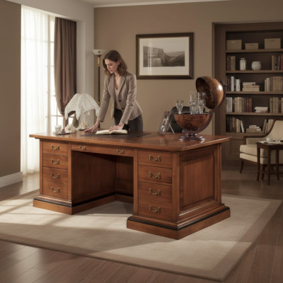 Escritorio de madera maciza marrón. Muebles clásicos para oficina. Mesa de estudio.