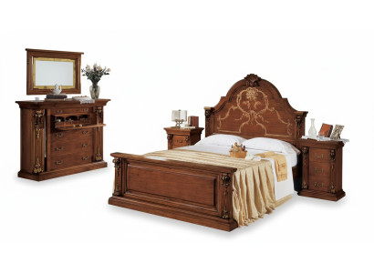 Clásico conjunto de dormitorio marrón: cama, 2 mesitas de noche, cómoda, conjunto de 5 piezas.