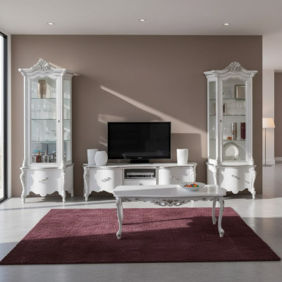 Conjunto de sala de estar blanco, soporte de TV, mesa de centro, 2 vitrinas, muebles de madera de lujo.