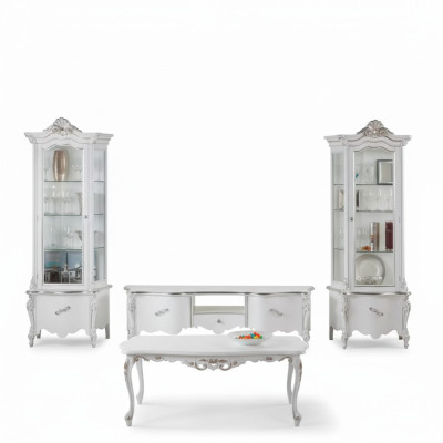 Conjunto de sala de estar blanco, soporte de TV, mesa de centro, 2 vitrinas, muebles de madera de lujo.