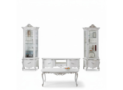 Conjunto de sala de estar blanco, soporte de TV, mesa de centro, 2 vitrinas, muebles de madera de lujo.
