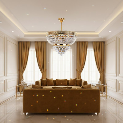 Lámpara de techo de lujo con candelabro redondo, lámpara de araña de cristal y oro de 50x60.