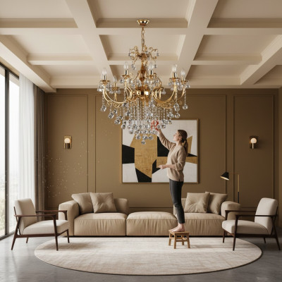 Lámpara de lujo, candelabro, lámpara colgante, lámpara de techo de cristal dorado.